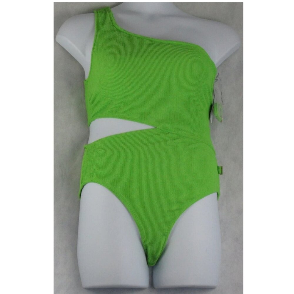 NWT Michael Kors Women's One-Shoulder One-Piece Swimsuit, Green Apple